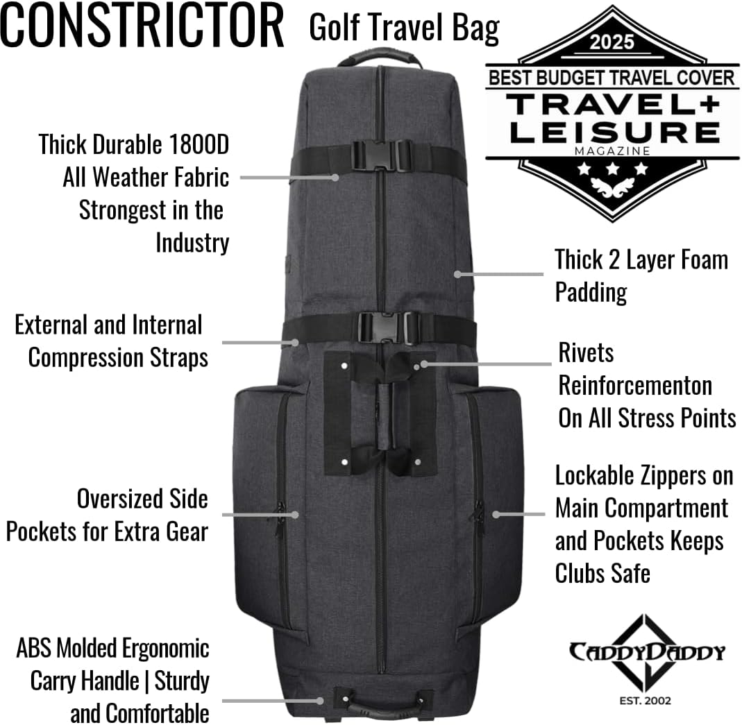 CaddyDaddy Constrictor Soft-Sided Golf Travel Bag Cover with Thick Dense Foam Padded Top 1 Year Full Travel Bag Replacement Coverage | Wheels & Lockable Zippers Case for Transporting Clubs on Airlines