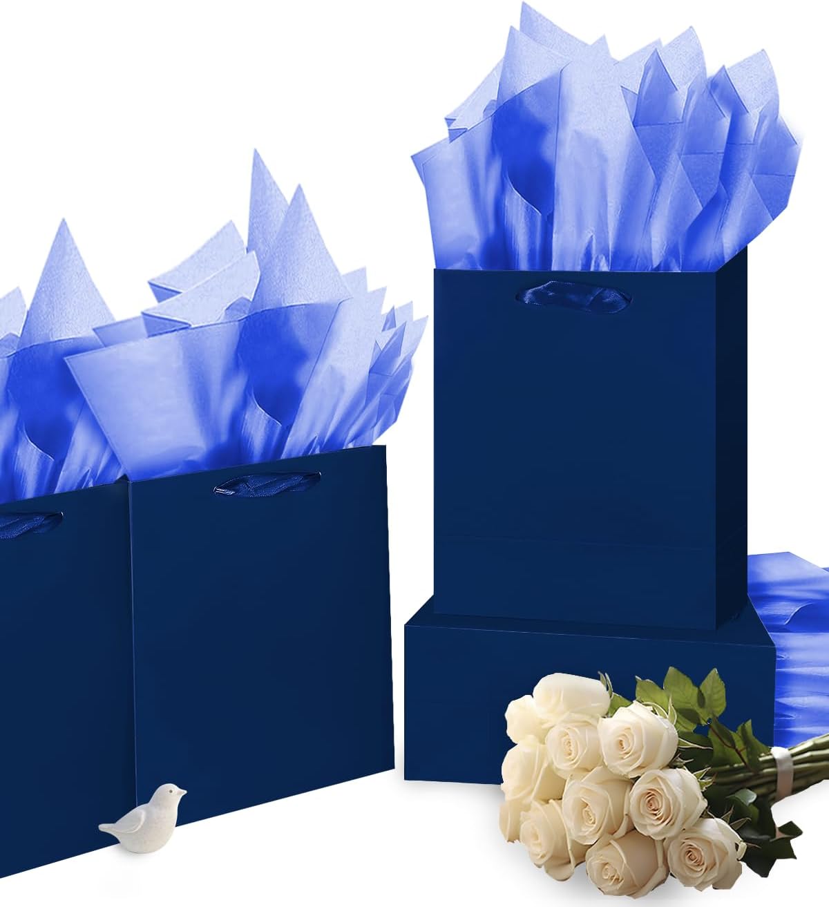 Gcardist Nordic Blue Gift Bags with Tissue Paper for Wedding, Birthday, Party Supplies - 7.9"x4.3"x9.6" Medium Size Cardboard Gift Bags (5pcs + 10pcs Tissue Paper)