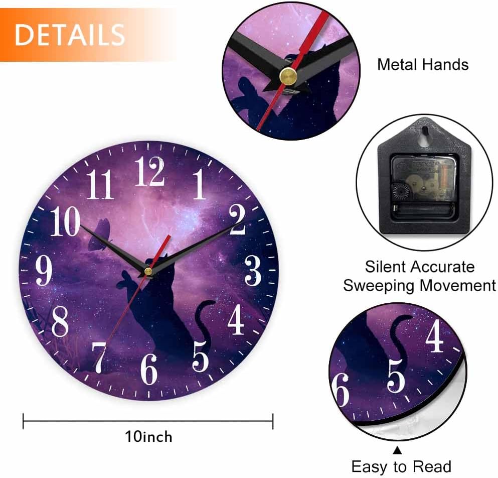 Mxocom Cat Silhouette Wall Clock Butterfly Starry Sky Galaxy Stars Shine Beautiful Night 10 Inch Silent Non Ticking Battery Operated Clock Vintage Round Clock for Living Room Bedroom Bathroom Decor