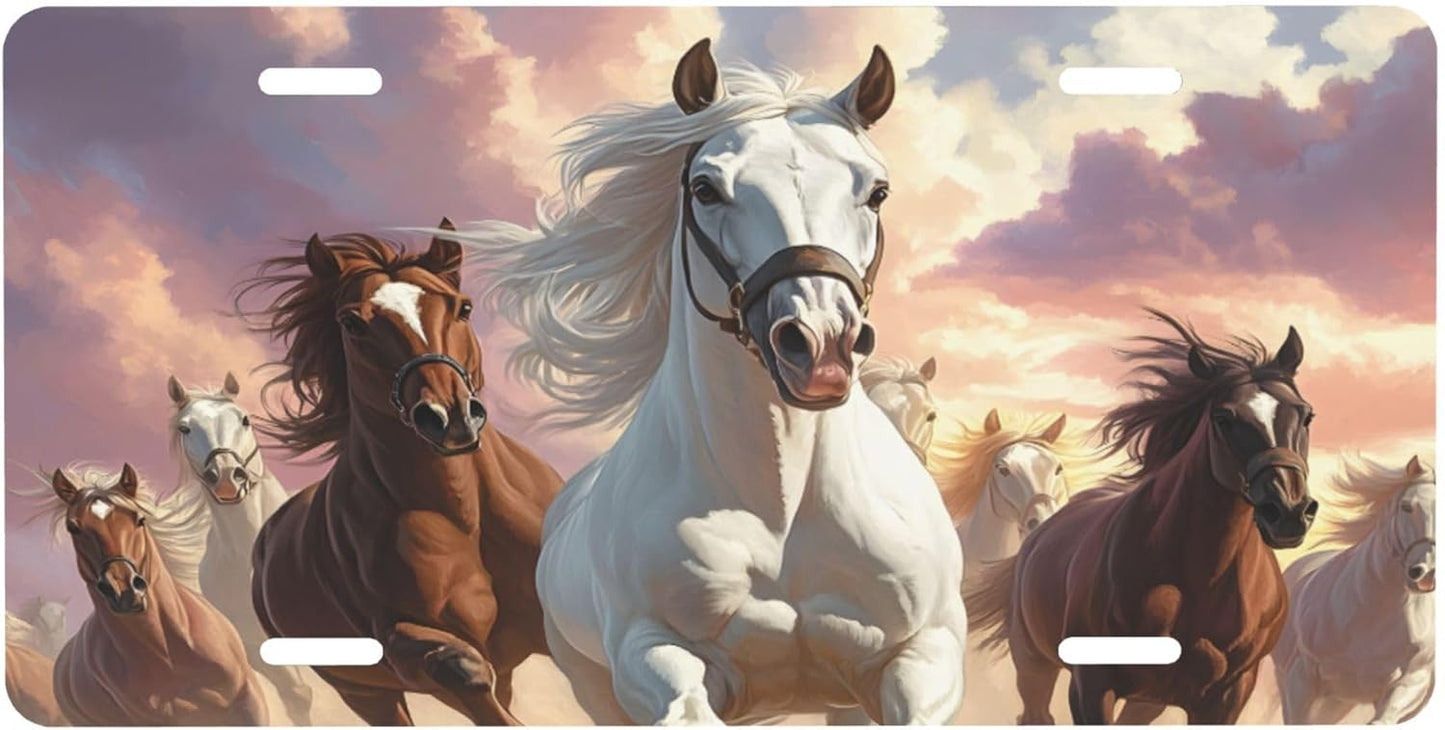 Front License Plate for Car Designs Running Animal Horse Cloud Stainless License Plate Cover Holder for Men Women Metal Aluminum Decorative Accessory Vanity Tag Standard 6 X 12 inch (4 Holes)