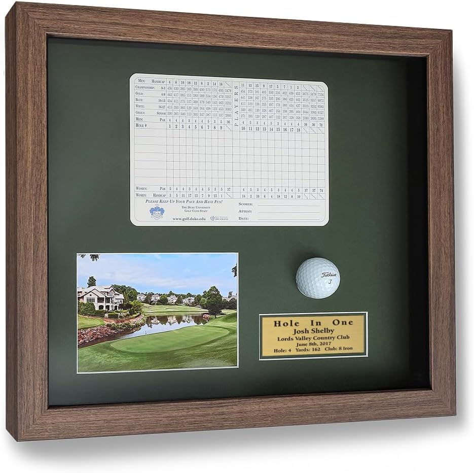 Golf Hole-in-One Shadowbox | Displays Ball, Scorecard, and Photo | 3 Frame Colors | Engraved Plate | Install Scorecard & Ball Yourself | Upload Your Photo | Made in The USA (Barnwood)