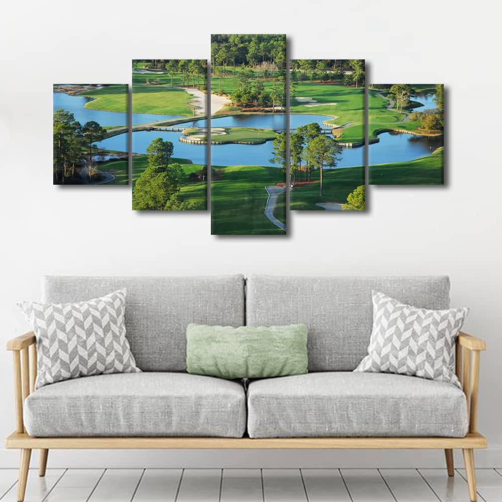 Green Golf Course Wall Art Golfing Sport Paintings for Living Room 5 Panels Prints on Canvas Bunker Pictures Landscape Artwork Gallery-Wrapped Home Modern Decor Framed Ready to Hang - 60"W x 32"H