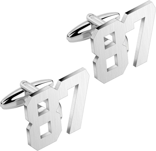 AMITER Mens Cufflinks with Number, Classic Silver Personalized Cuff Links for Men, Sport’s Day Casual or Formal Shirts