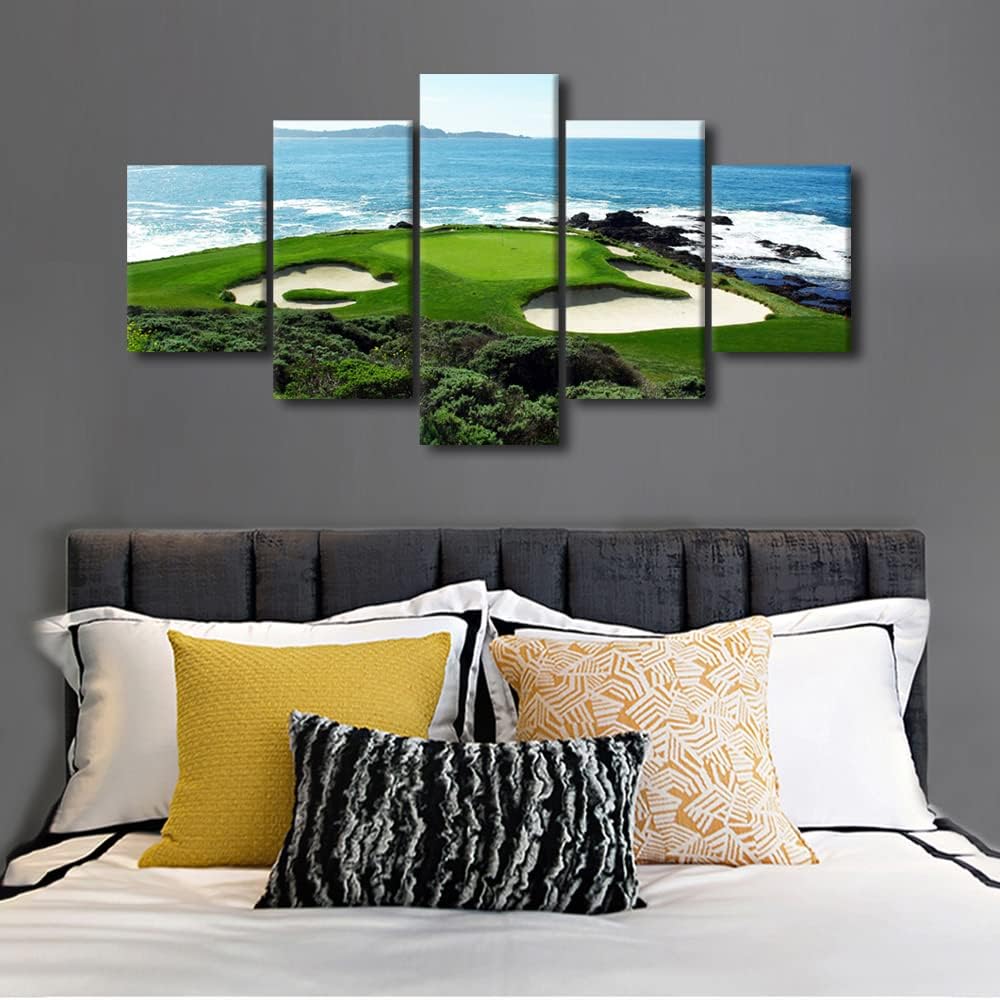 5 Pieces Golf Wall Art Canvas Wall Art Pebble Beach Golf Course Picture Canvas Wall Art Decoration for House Living Room Bedroom Gallery Wrap Modern Home Art Framed Ready to Hang - 60" W x 32" H