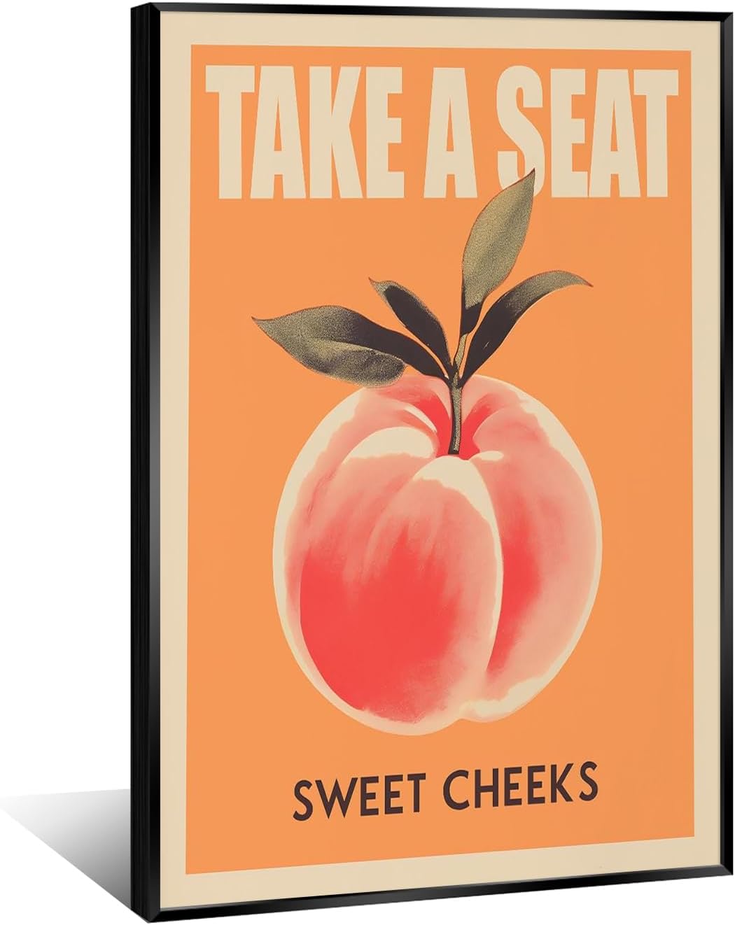 Take a Seat Sweet Cheeks Poster, Funny Bathroom Wall Art Peach Bum Art Canvas Print, Minimalist Preppy Orange Pink Wall Decor for Dorm Toilet 24x36in Framed