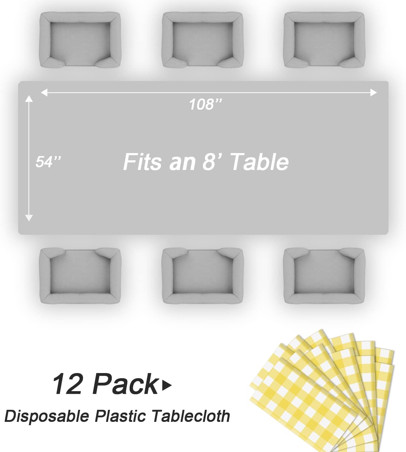 QIKSION Yellow Gingham Tablecloth Disposable 12 Pack, 54 x 108 Inch Yellow and White Checkered Table Cloth for Rectangle Tables, Plastic Table Cover