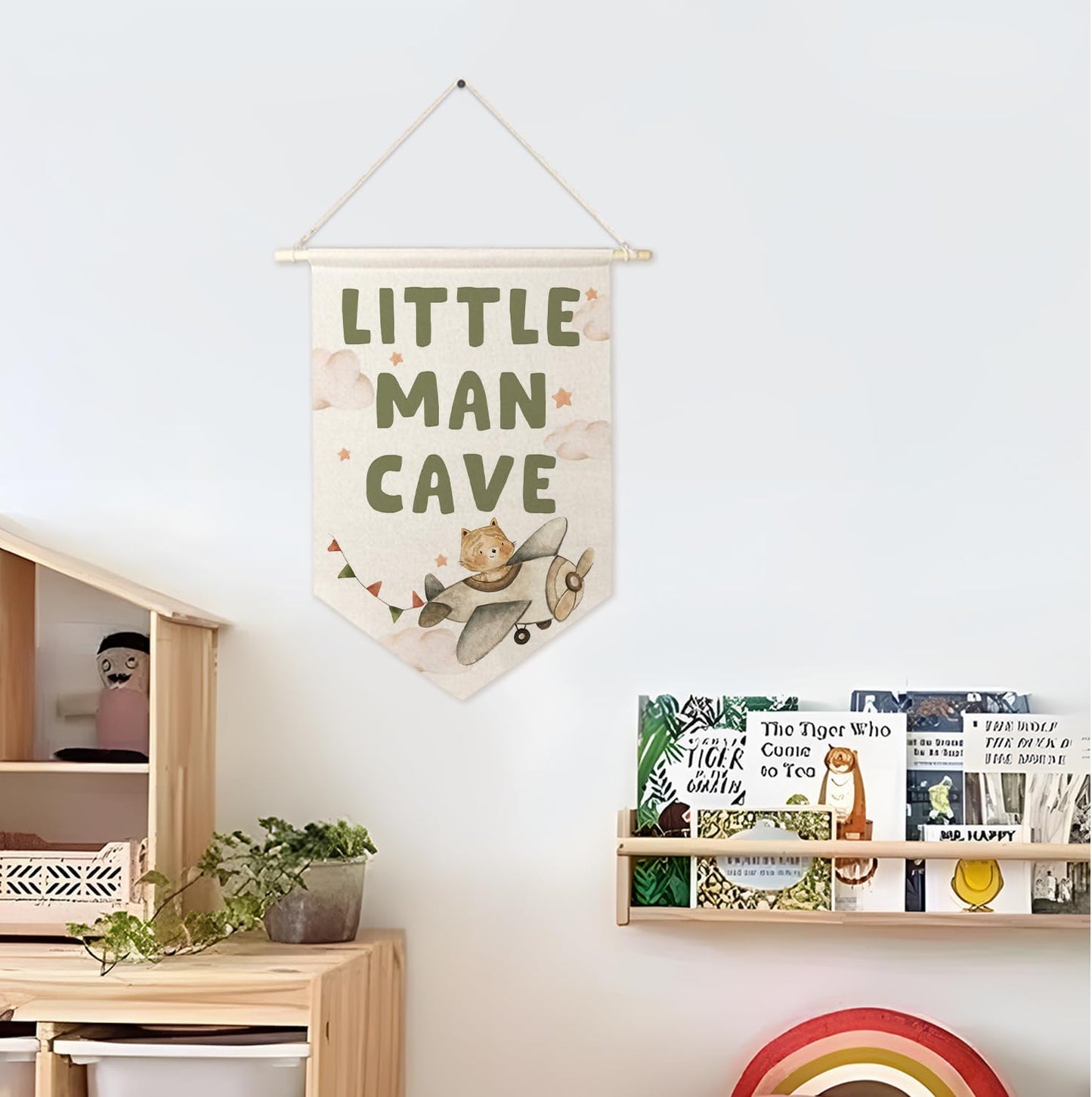 ArtisaEura Little Man Cave Wall Canvas Banners, Airplane Nursery Decor, Baby Tiger in Plane Hanging Display Pennant Banner Flags, Nursery Wall Decor for Kids Boys Room Bedroom Playroom
