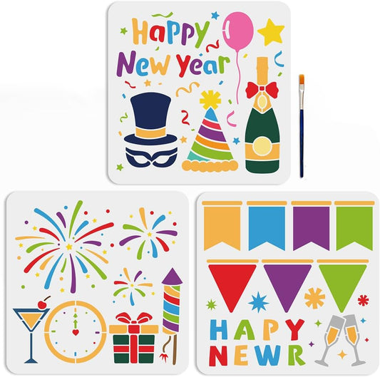 MAYJOYDIY 3pcs Happy New Year Fireworks Stencil Christmas Fireworks Templates 11.8×11.8inch with Paint Brush Reusable Party Theme Painting Stencils for Crafts and Home Decor