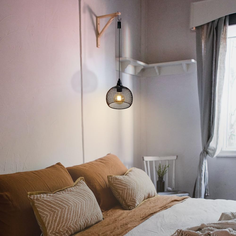 JHY DESIGN Hanging Lamp Black Battery Powered Decorative Pendant Lamp Metal Cage Battery Lamp with 6 Hours Timer for Bar Bedroom Garden Parties Patio Indoor Outdoor Living Room(Round)