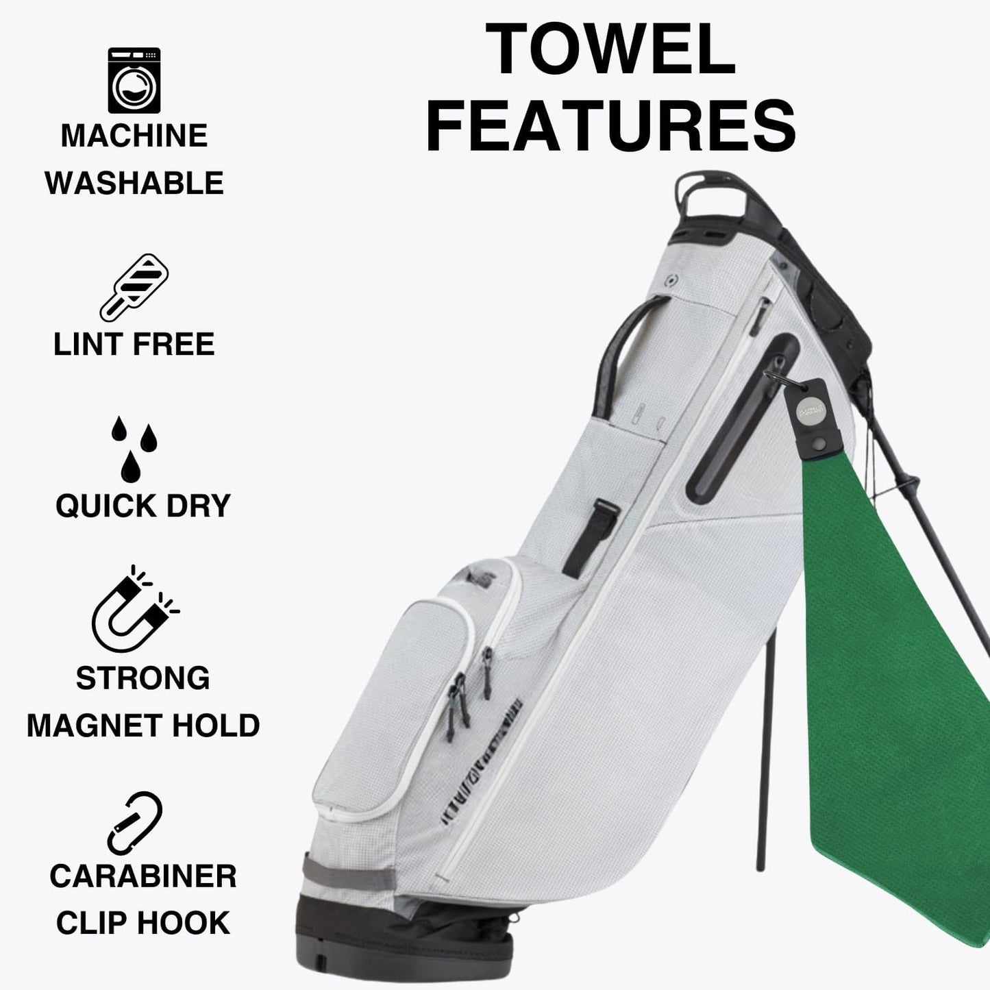 Magnetic Golf Towels for Golf Bags with Clip & Ultra Strong Magnet - Waffle Weave Microfiber Towel for Secure Hold on Bags & Carts - Ideal Club Cleaner & Accessories - Green