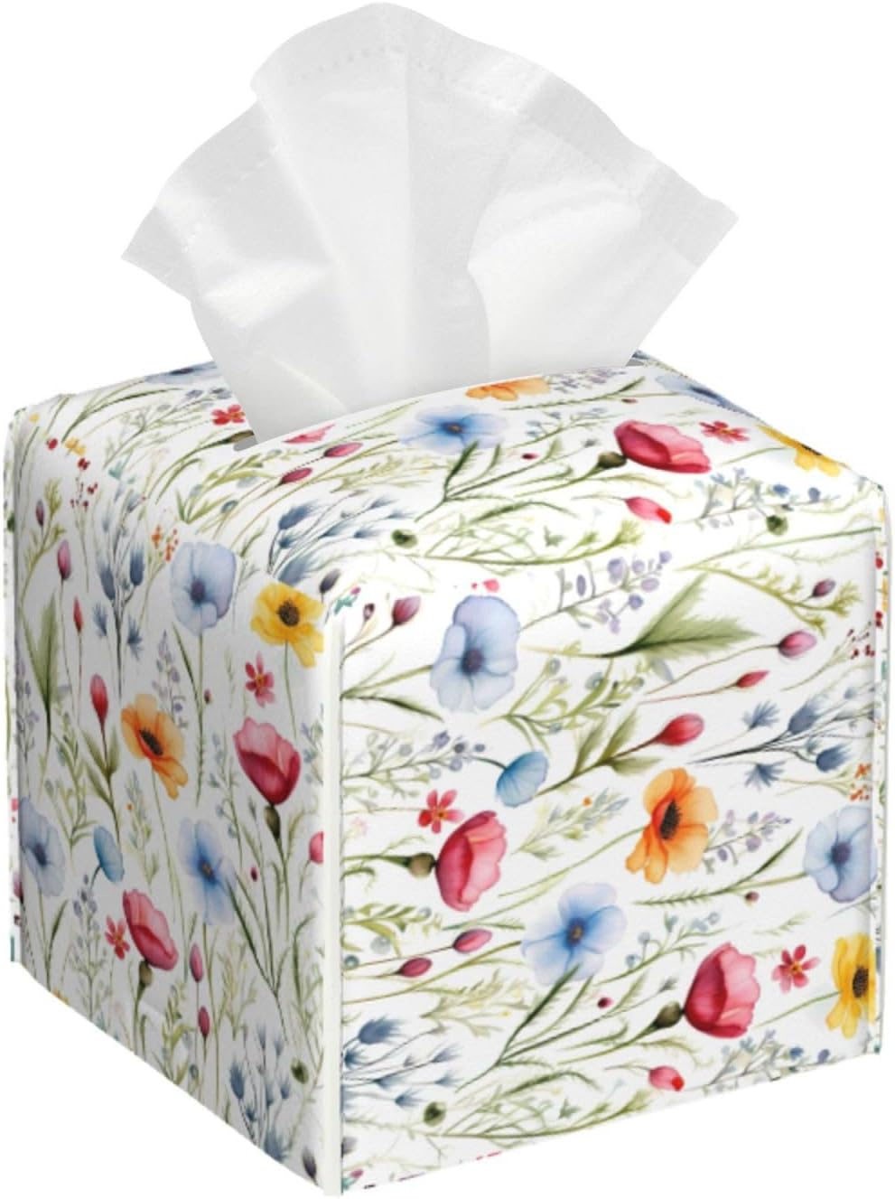 Tissue Box Cover Colorful Wildflower Floral Square PU Leather Tissue Box Holder for Car Bathroom Bedroom Desk Tabletop Decor