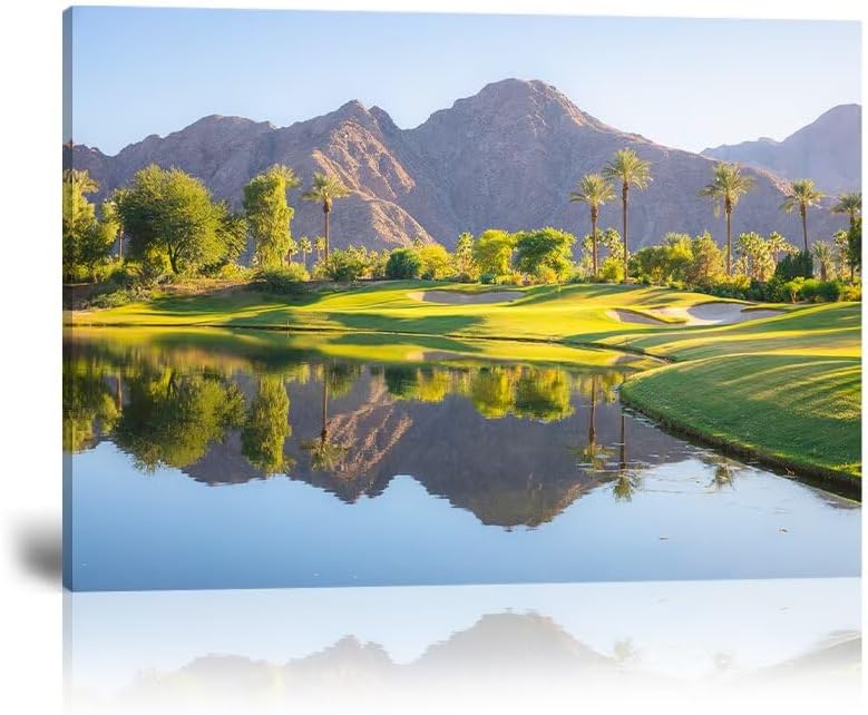 HJY Art USA Golf Course Wall Art California Golf Wall Decor Blue Green Landscape Painting Poster for Home Decor Living Room Bedroom Office Club Gym Framed Artwork Ready to Hang (28 x 44 inch)