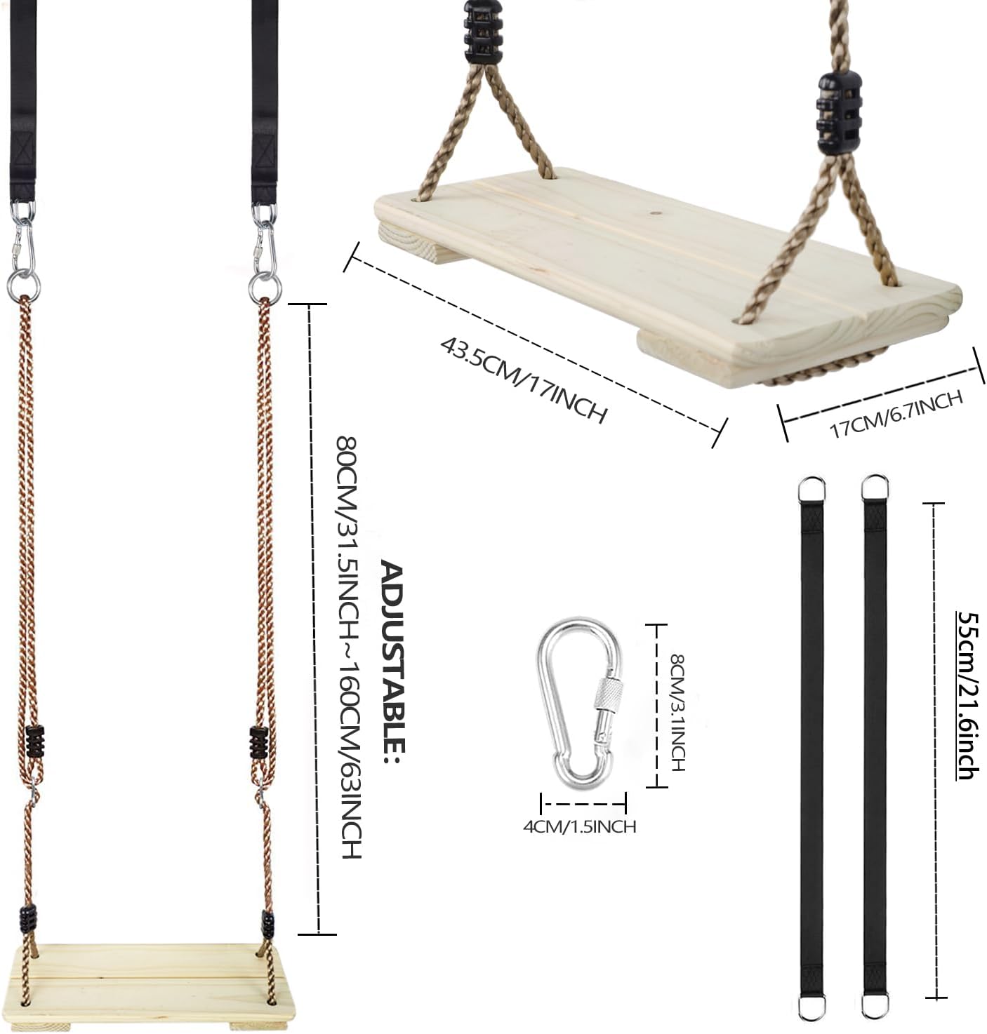 KINSPORY Wooden Swing Seat, Outdoor Swing Set Accessories for Backyard, Height Adjustable Rope with Hanging Tree Straps Kit for Porch Patio Garden Playgroud (Light Yellow)