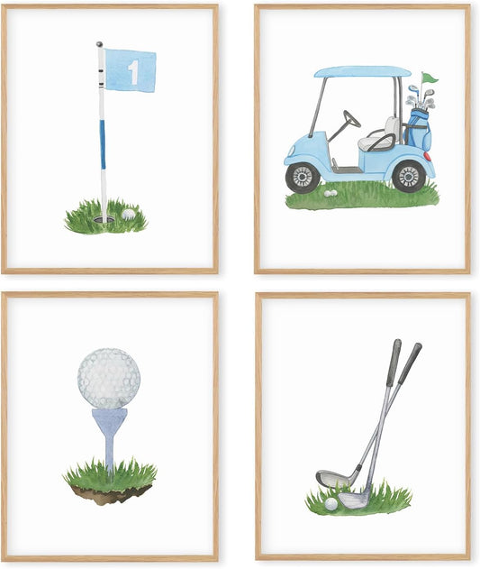 Boat Wades Golf Course Wall Art Prints Set of 4, Golfer Gifts for Women Men, Retro Golf Cart Club Golfing Posters Pictures Wall Decor for Home Bedroom Living Room Office, 8x10 Unframed