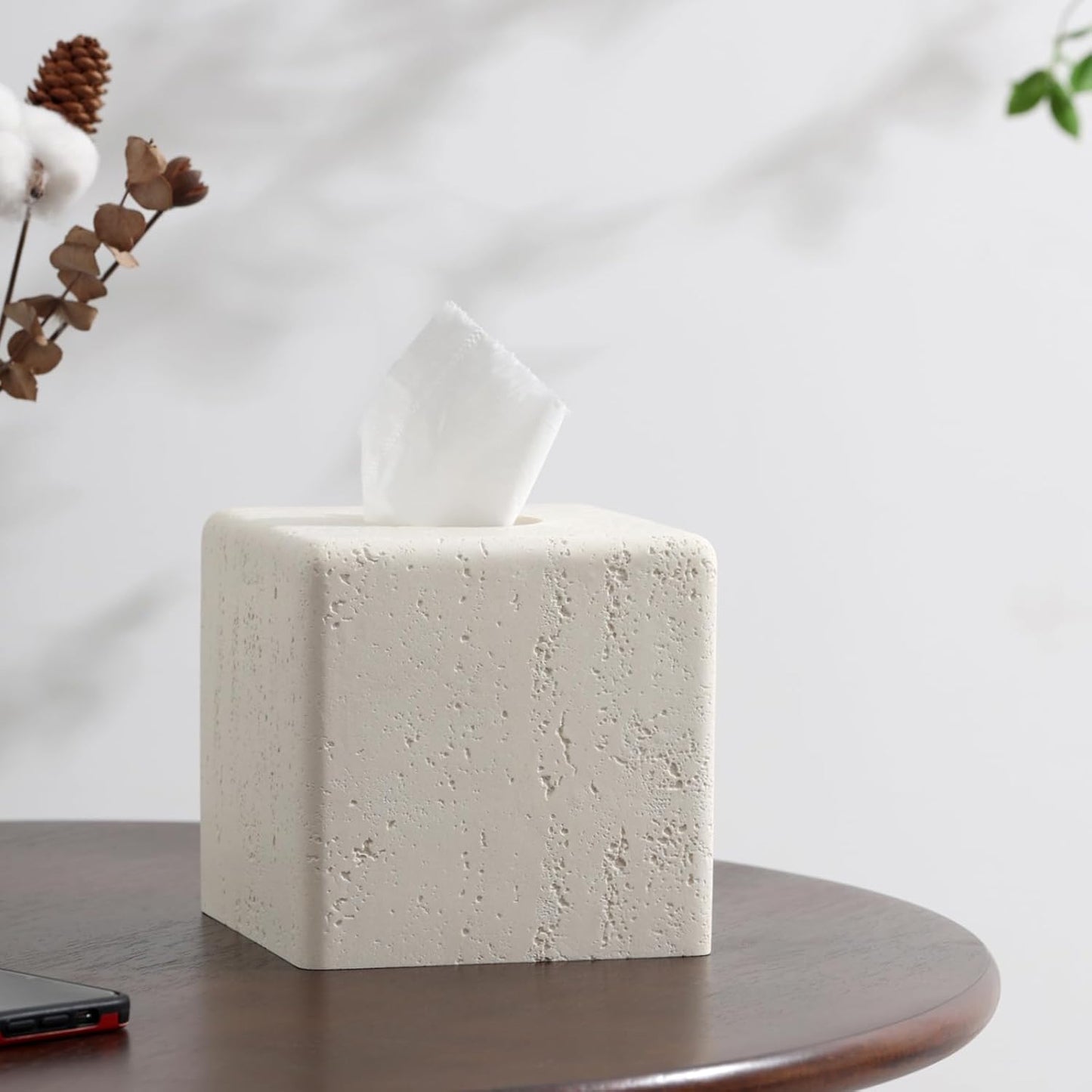Tissue Box Cover Square, Resin Facial Tissue Holder Covers Toilet Paper Holder Decorative Travertine Paper Dispenser Home Decor for Bathroom Bedroom Living Room Office (Off White)