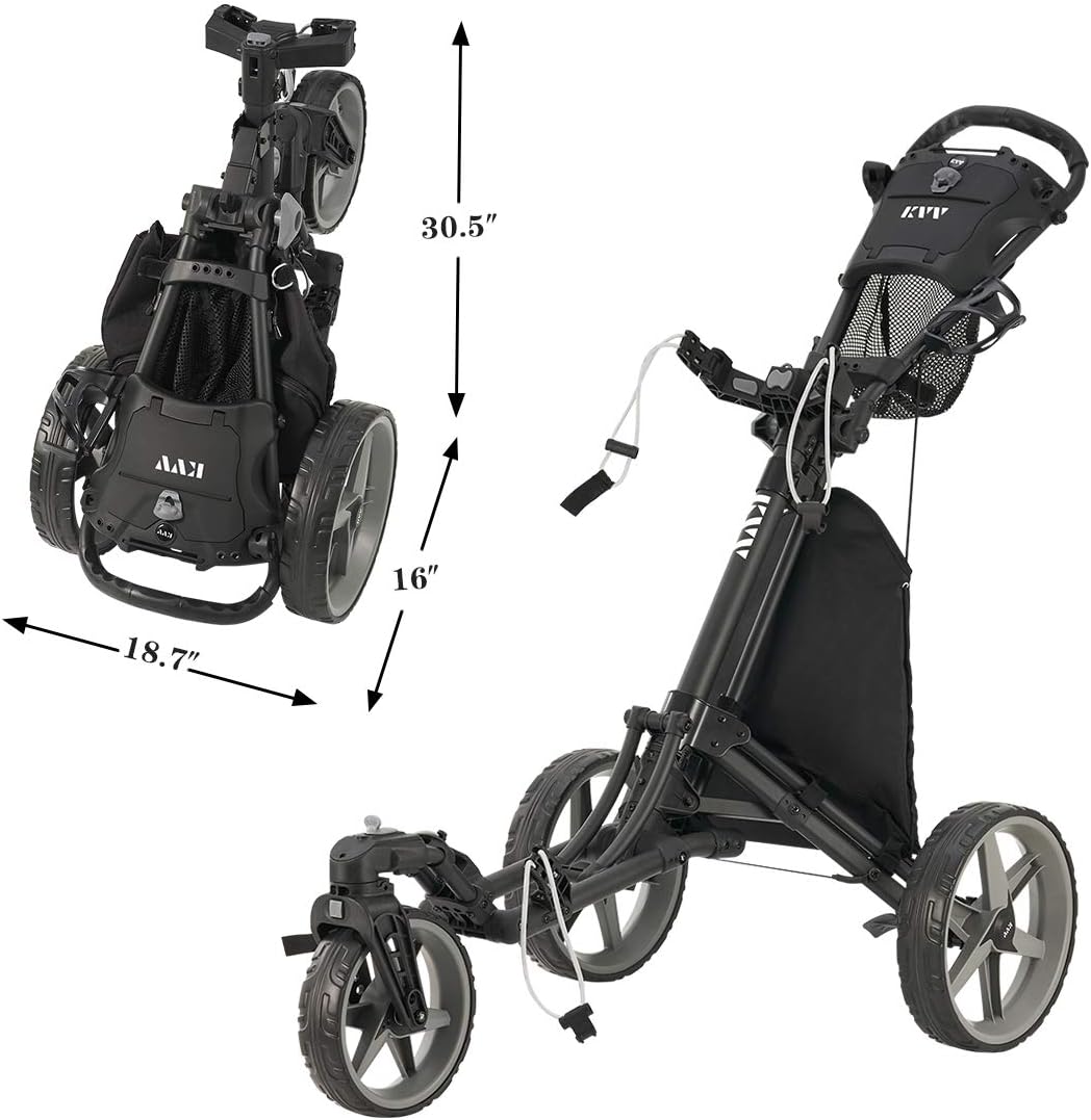 KVV 3 Wheel 360 Rotating Front Wheel Golf Push Cart Open and Close in ONE Second-Free Umbrella Holder Included