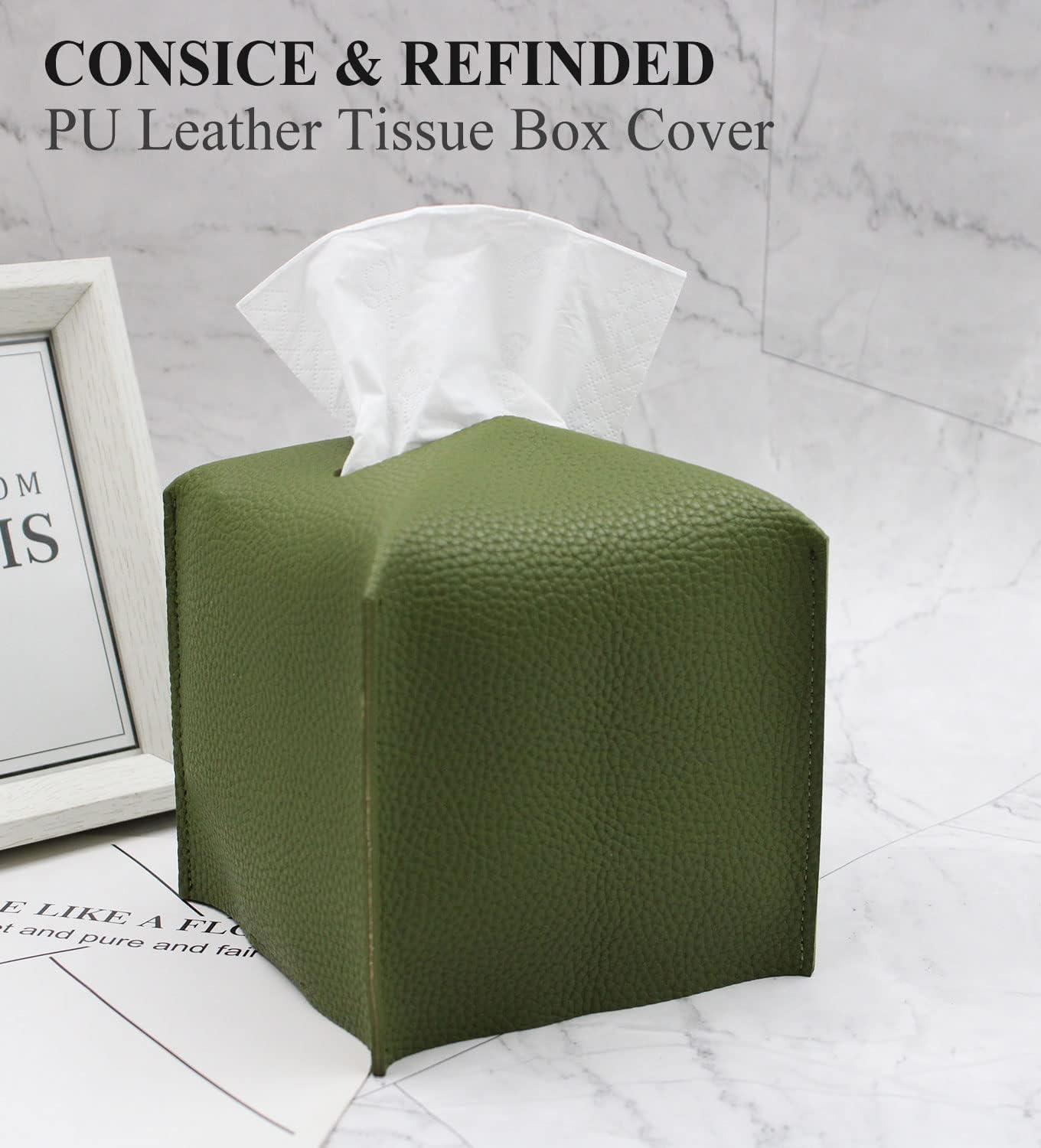 Livelab Tissue Box Cover, Square Decorative PU Leather Tissue Box Holder Modern Tissue Case Facial Paper Organizer Dispenser for Bathroom, Vanity Countertop, Night Stands, Desk 5X5X5'' | Olive Green