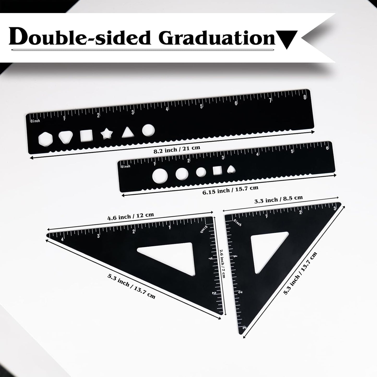 5 Pcs Metal Geometry Set, Math Drafting Ruler Kit- Aluminum Triangle Rulers, Protractor, 8 Inch and 6 Inch Drawing Ruler, Measuring Tool for School and Office (Metric and Imperial, Black)