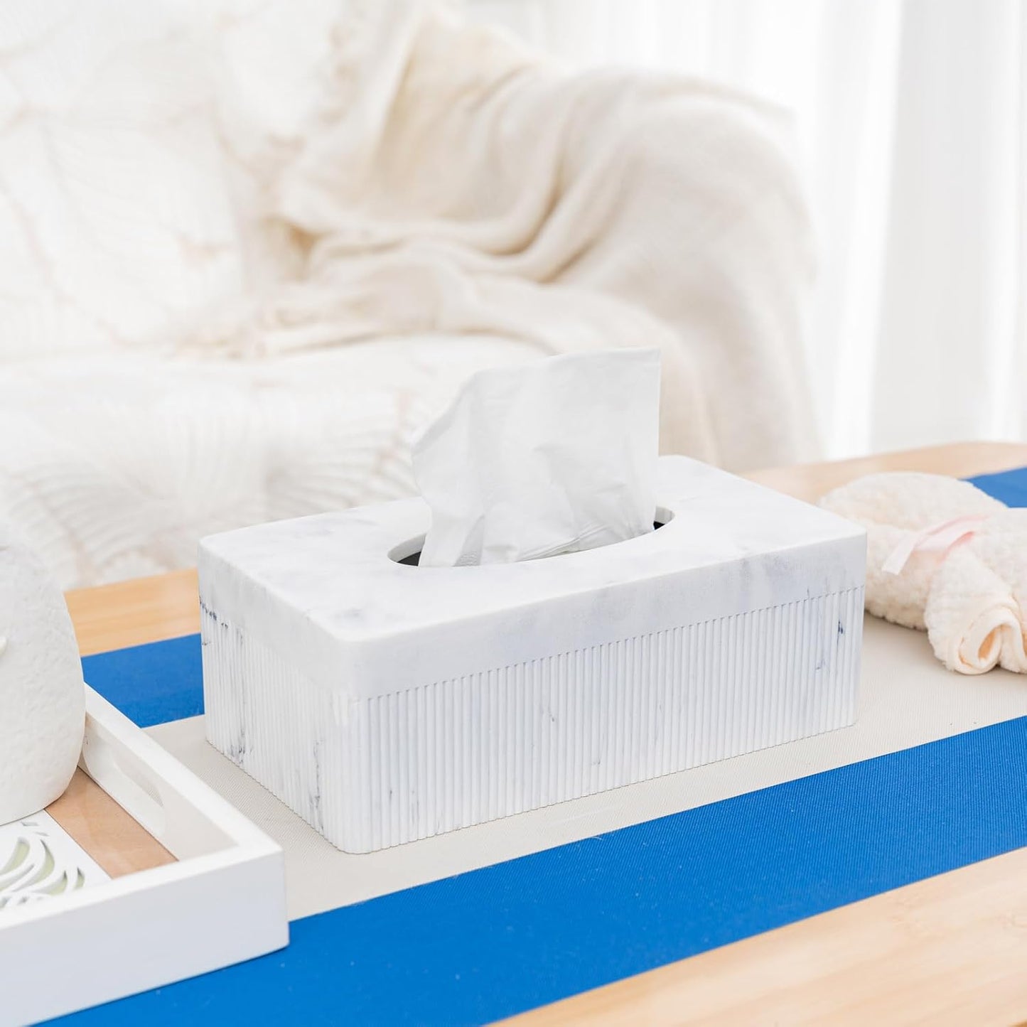 Marble Tissue Box Cover, Rectangular Napkin Facial Tissues Holder for Home Office, Hand Poured Marble Tissue Box Holder, 10 x 5.7 x 3.7 inches, White