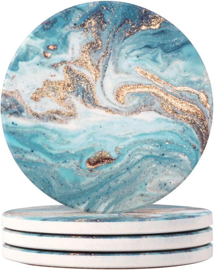 Lahome Marble Style Coasters - Round Drinks Absorbent Stone Coaster Set with Ceramic Stone and Cork Base for Kinds of Mugs and Cups (Blue, 4)