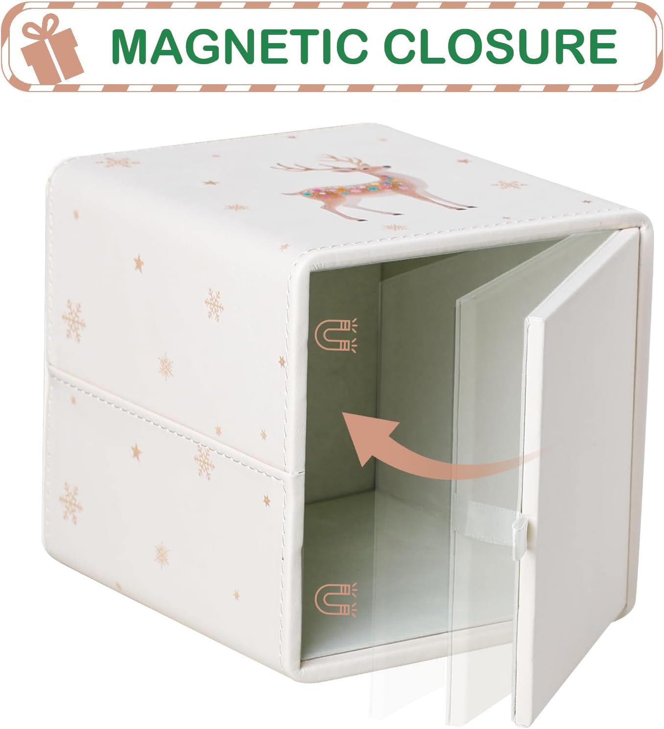 Christmas Tissue Box Cover Square, PU Leather Tissue Box Holder with Magnetic Closure for Bathroom Livingroom Bedroom, Christmas Decorations Cube Tissue Holder (Reindeer)