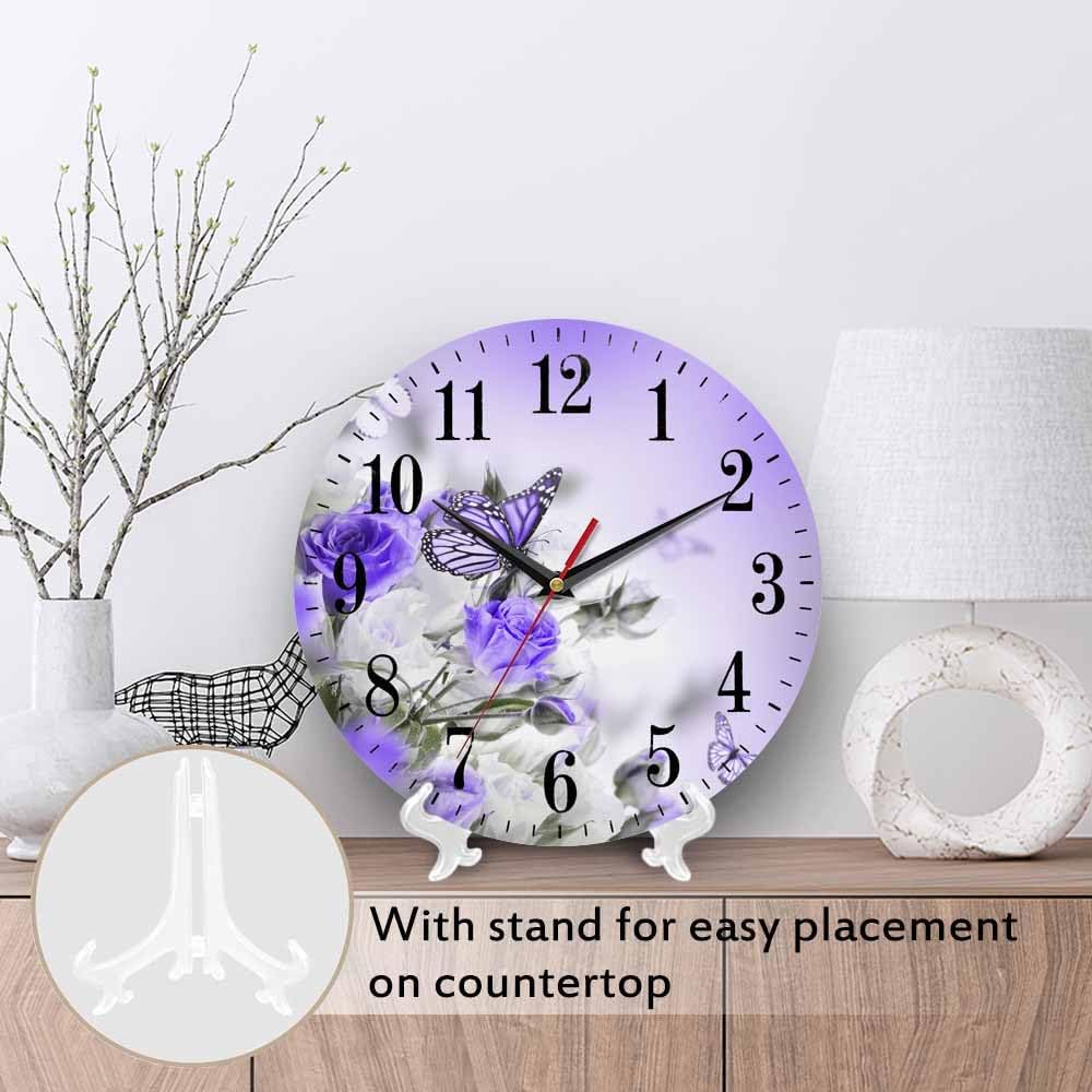 Mxocom Butterfly Floral Wall Clock Bouquet of White and Purple Roses 10 Inch Silent Non Ticking Battery Operated Clock Vintage Round Clock for Living Room Bedroom Bathroom Office Decor