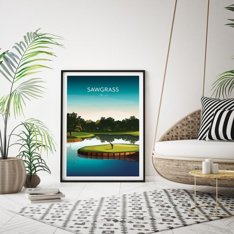 Golf Print - TPC Sawgrass Florida - Island Green 17th Hole, Florida Golf Course Art, Golf Wall Decor, Island Green Illustration, Golf Gift for Him, Scenic Golf Landscape (Unframed) (12x18)