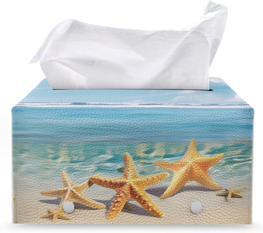 Starfish Tissue Box Cover PU Leather Tissue Box Holder 9.7"x5.2"x5.12" Rectangular Protective Cover Modern Home Car Office Hotel Decor