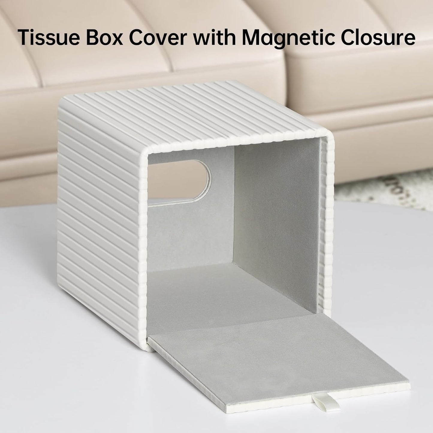 PU Leather Tissue Box Cover Square Tissue Box Holder with Magnetic Closure (Ivory Stripe)