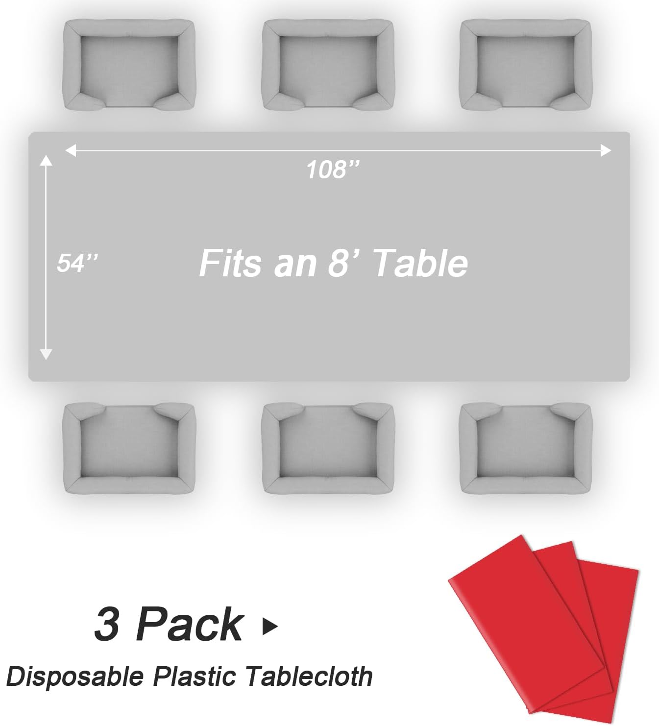 QIKSION Plastic Table Cloth Disposable 3 Pack, 54 x 108 Inch Tablecloths for Rectangle Tables, Red Plastic Table Cover