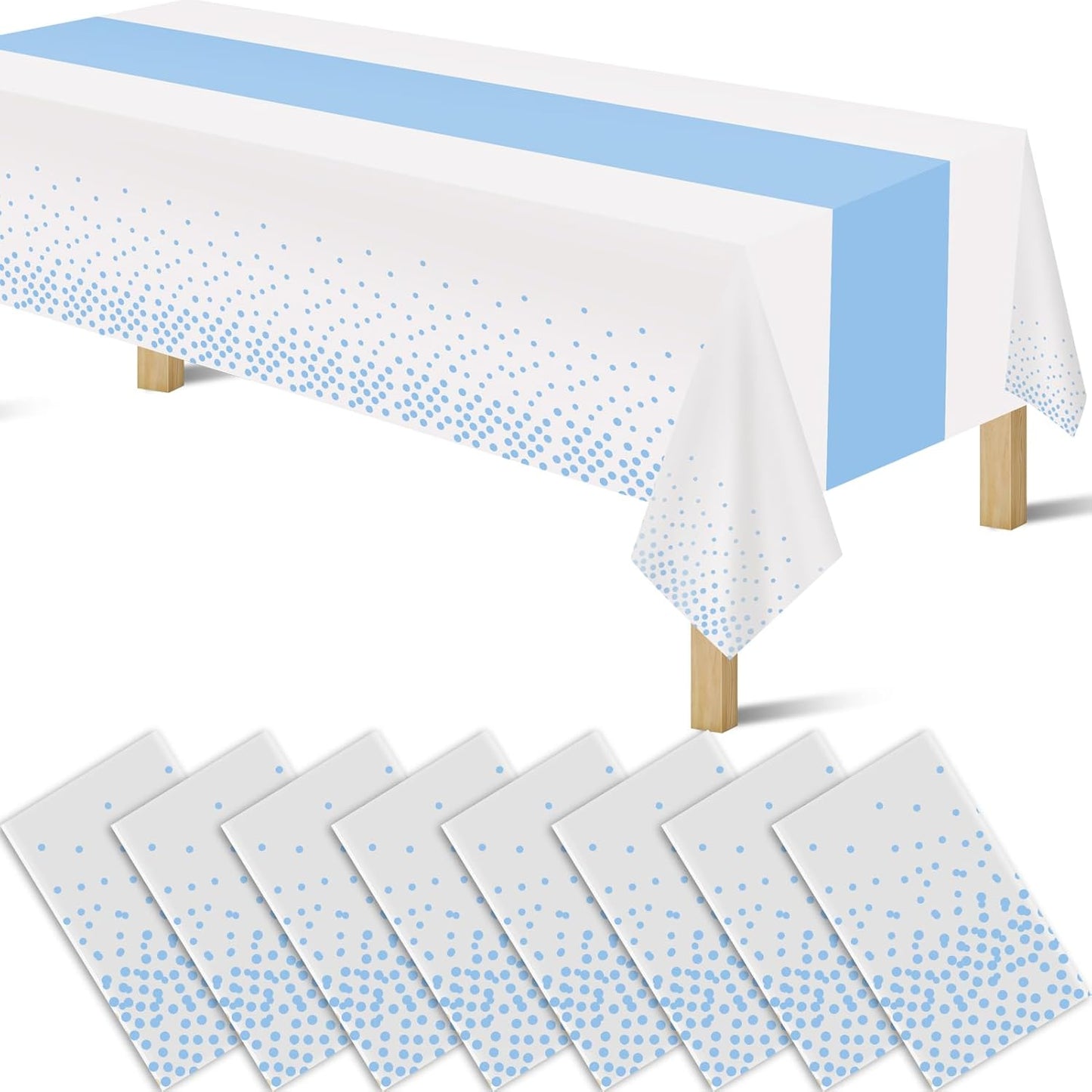 8 Pack 2in1 Disposable Plastic Tablecloths 54" x 108" White and Baby Blue Dot Party Table Cloth Rectangle Table Cover for Wedding Birthday Baby Shower Anniversary Christmas New Year Party Decorations