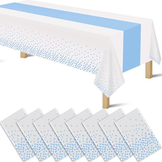 8 Pack 2in1 Disposable Plastic Tablecloths 54" x 108" White and Baby Blue Dot Party Table Cloth Rectangle Table Cover for Wedding Birthday Baby Shower Anniversary Christmas New Year Party Decorations