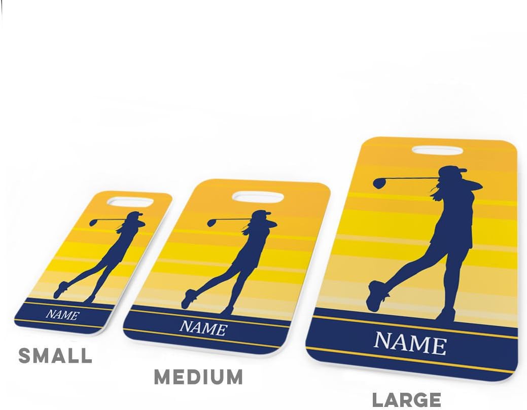 ChalkTalkSPORTS Golf Luggage & Bag Tag | Personalized Female Golfer | Standard Lines on Back | Medium | Yellow