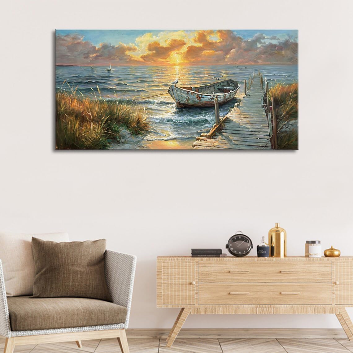 dgbtcart Ocean Sailboat Large Wall Art, Sunset Beach Painting Art Prints, Coastal Landscape Artwork for Walls, Seaside Pictures Wall Decor Living Room Bedroom Office Hotel Ready to Hang 24x48inch