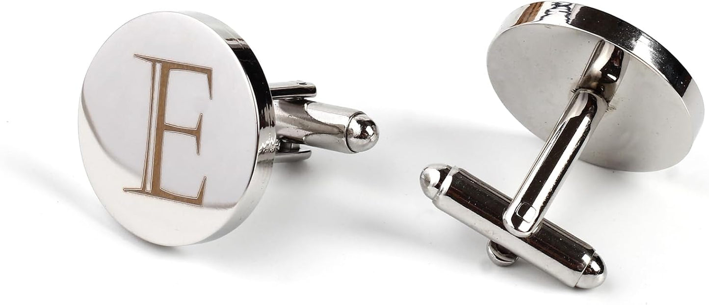 Mens Initial Silver Cufflinks A-Z Alphabet Letter Steel Cuff Links with Engraved Walnut Wood Box Groom Groomsman Wedding Set…