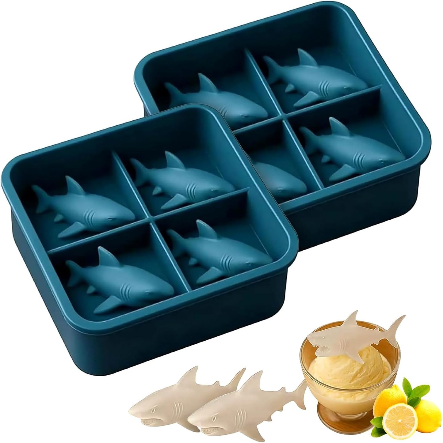 Shark Silicone Ice Mold | Slow-Melting Design Reusable Ice Cube Tray, Easy Release Shark Shapes for Whiskey, Cocktails, Juice, Coffee | Fun Ice Molds for Cold Drinks & Party Gifts (2 Pcs)