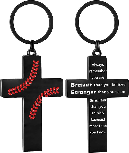 Football/Baseball/Soccer/Basketball Cross Keychains for Men First Communion Baptism Confirmation,Mens Gifts