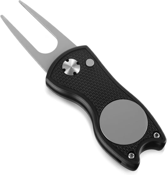 Divot Repair Tool with Ball Marker, Metal Foldable Golf Tool with Pop-up Button Magnetic Marker, Portable Pitch Mark Repair Accessory (Black)