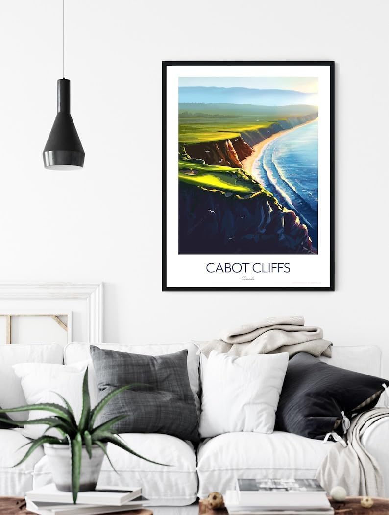 Nationcog Cabot Cliffs Golf Print; 16th Hole - Golf Poster Canada; Coastal Golf Art; Golf Landscape Illustration; Scenic Golf Painting; Luxury Golf Resort Print (Unframed) (24x36)