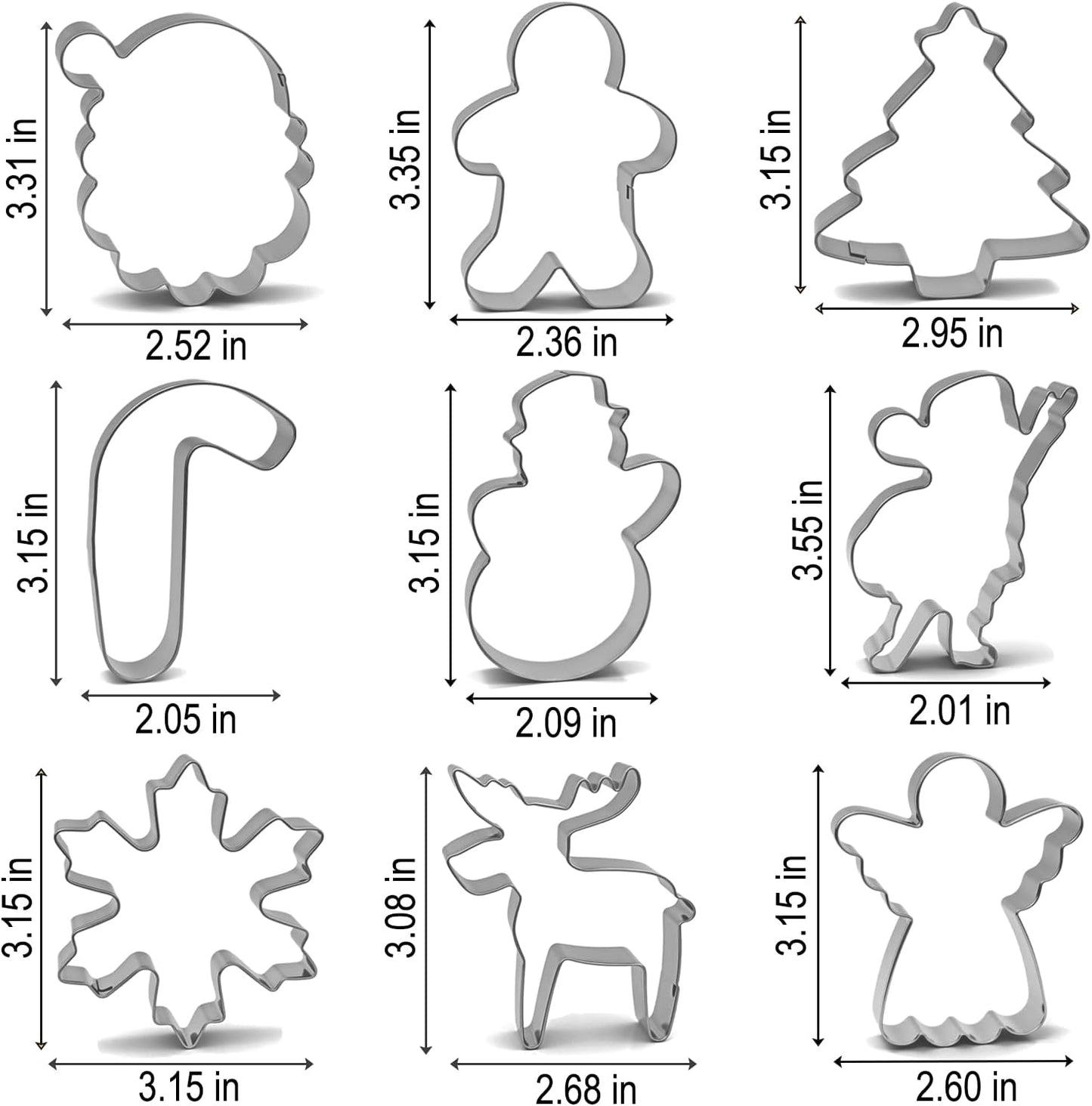Christmas Cookie Cutters Set - 9 Pieces - Christmas Tree, Gingerbread Man, Snowflake, Snowman, Angel, Santa Face, Santa Claus, Candy Cane, Reindeer Shapes, Stainless Steel Metal Biscuit Cutter Molds