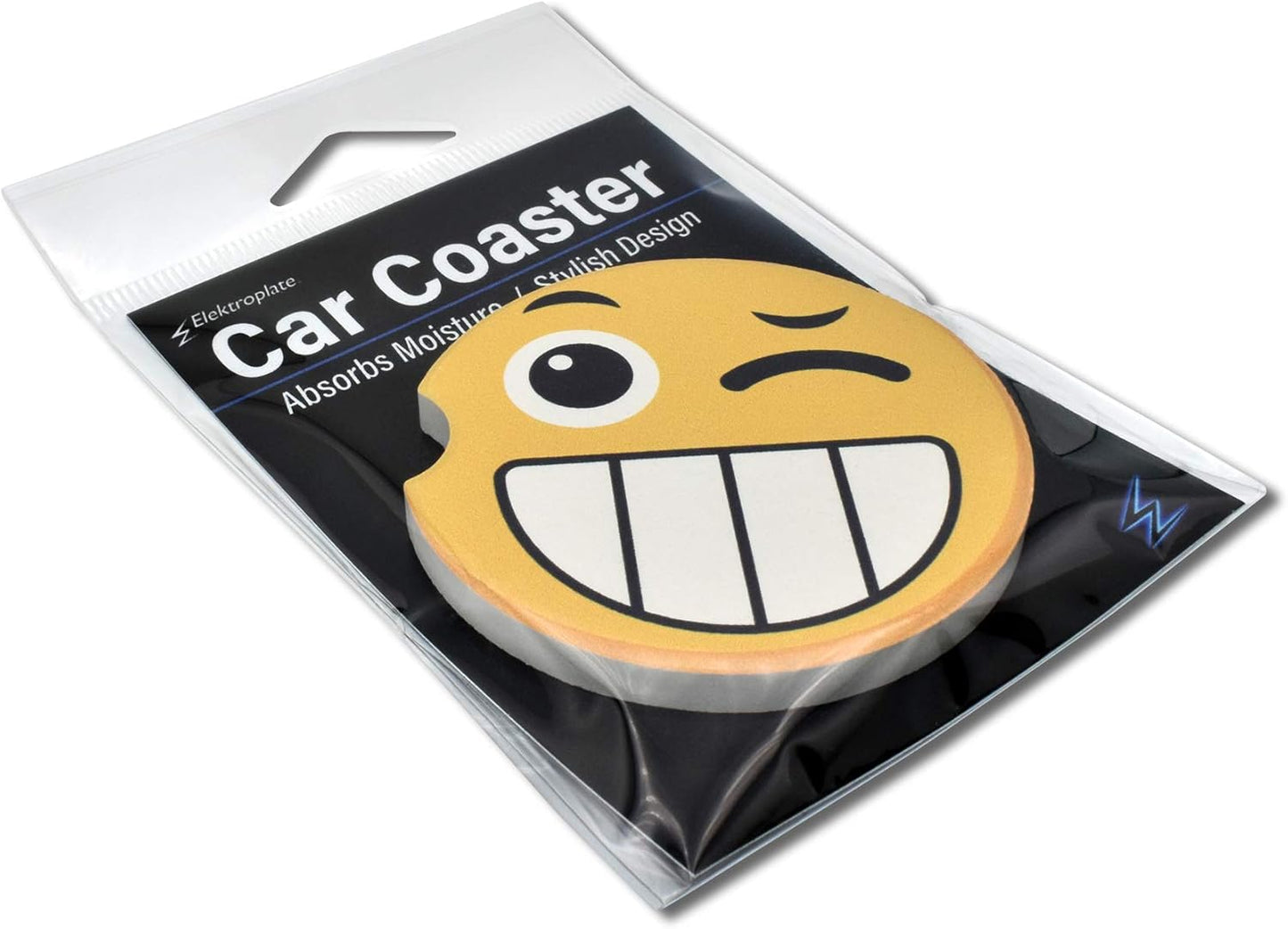 Elektroplate Funny Winking Face Automotive Ceramic Coasters (2.6" Diameter) | Universal Fit for All Cars, Trucks, SUVs, and More | Absorbent Non-Slip Durable | Set of 2