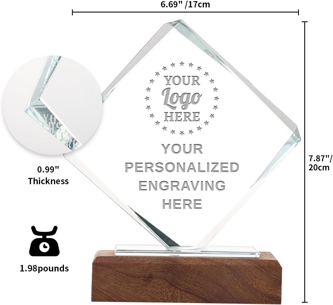 Personalized Crystal Trophy Award with Solid Wood Base - Custom Engraved Plaques for Employee Recognition, Sports Trophies, Thanks Gifts