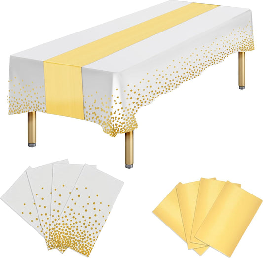 8 Packs Plastic Table Cloth Rectangle Table Disposable and Satin Table Runner, White and Gold Tablecloth Table Runner Cover for Baby Shower Birthday Wedding Anniversary Graduation Party Decorations