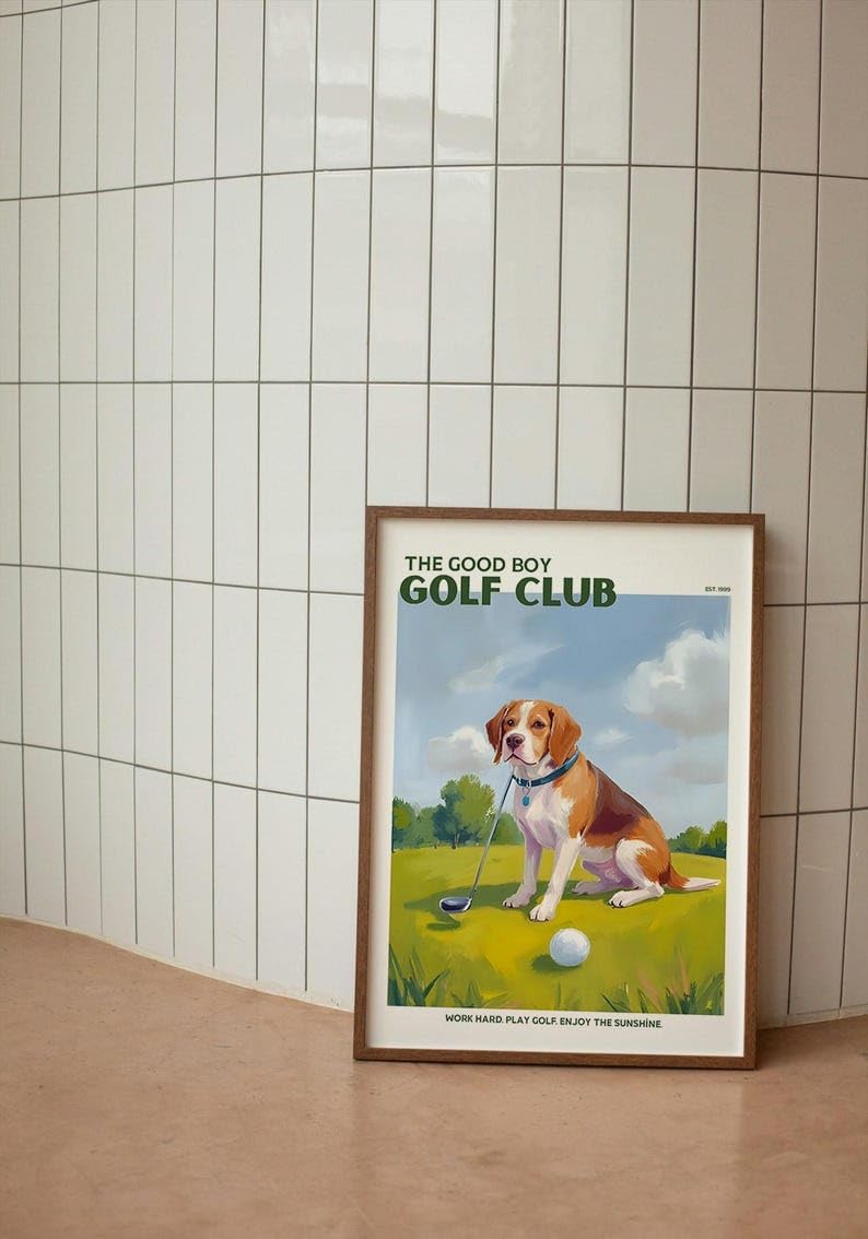 Good Boy Golf Club Poster, Beagle Dog on Golf Course Wall Art, Retro Oil Painting Style Golf Print, Funny Sports Decor, Unique Golf Course Poster for Collectors and Sports Fans (Unframed) (20x30)