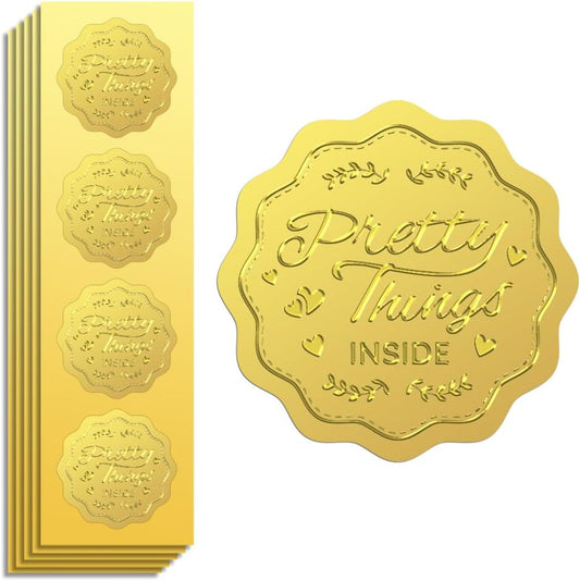 Peacoblue Gold Foil Stickers Seals Embossed 2 Inch 100Pcs Pretty Things Inside, Self Adhesive Gold Around Embossing Sticker for Gift Card Present Decoration Certificate Paper Envelope Seal