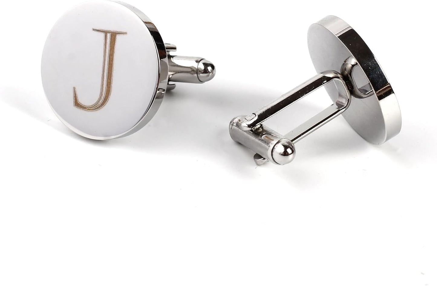 Mens Initial Silver Cufflinks A-Z Alphabet Letter Steel Cuff Links with Engraved Walnut Wood Box Groom Groomsman Wedding Set…