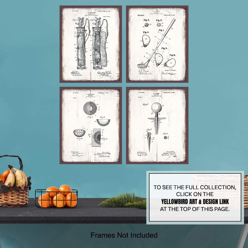 Golf Balls, Clubs, Tees, Bags Patent Print Wall Art - Rustic Room Decor for Office, Man Cave, Den, Living Room - Gift for Men, Teens, Guys, Golfing Sports Fan, Golfer - Sign Print Photo Plaque Set