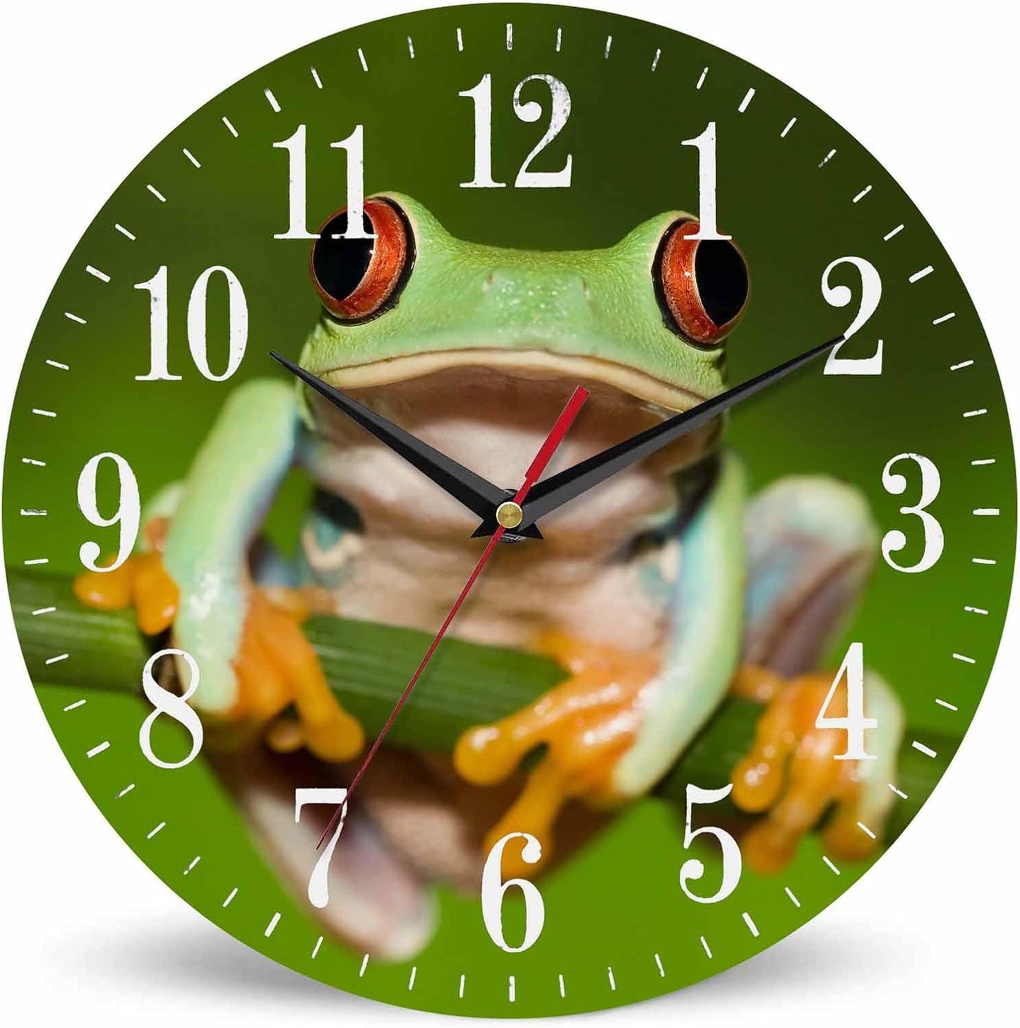 Mxocom Frog Wall Clock Green Frog with Red Eye Holding Branches 10 Inch Silent Non Ticking Battery Operated Clock Vintage Round Clock for Living Room Bedroom Bathroom Office Decor