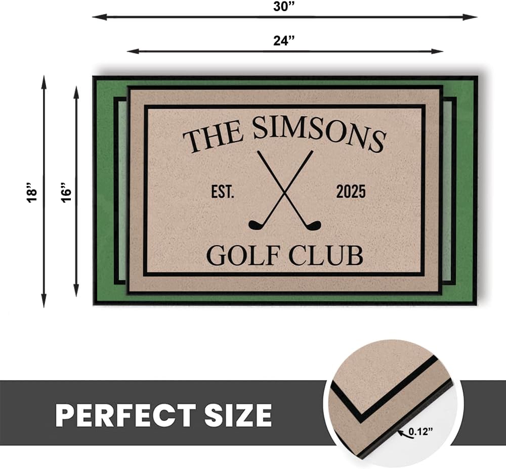 Custom Golf Club Doormat – Personalized Welcome Mat with Family Name & Est. Year – Green Putting Flag Design – Non Slip Outdoor Entry Rug for Porch, Garage, or Golf Lover Home Décor