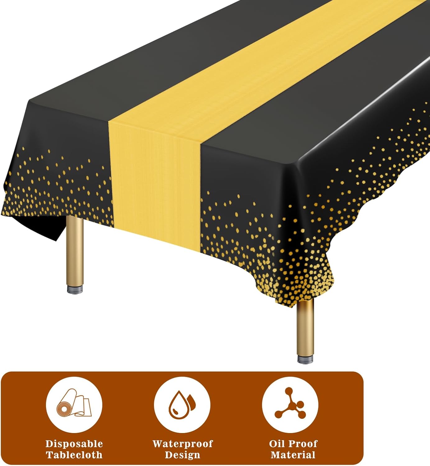 8 Packs Disposable Rectangle Tablecloth and Satin Table Runner, Black and Gold Plastic Table Cloths for Parties Table Cover for Baby Shower Birthday Wedding Anniversary Holiday Party Decorations
